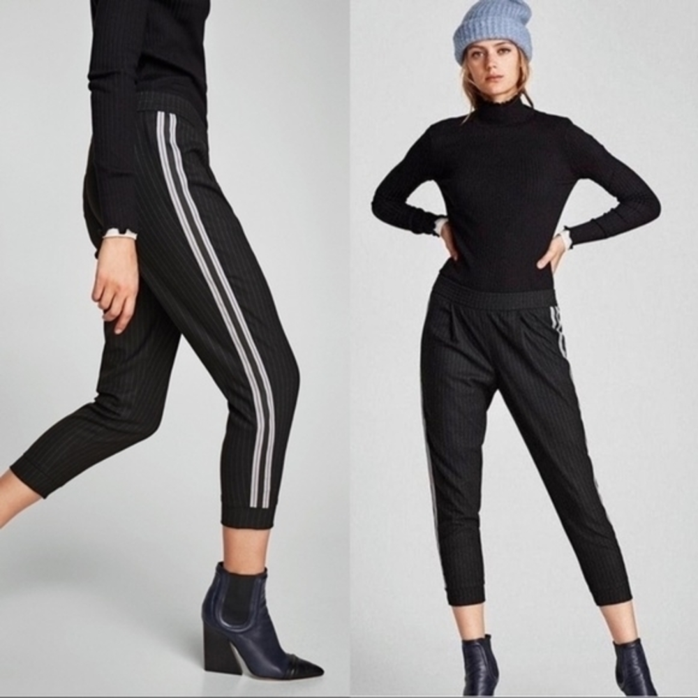 Zara} Pinstripe Racing Stripe‎ Jogger Trousers